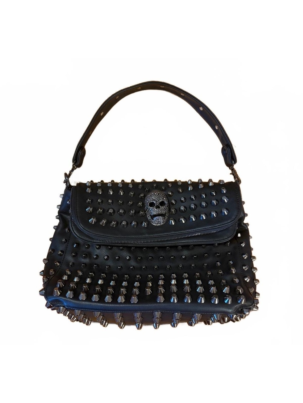 Black Leather Studded Shoulder Bag with Skull Detail and Zebra Print Interior